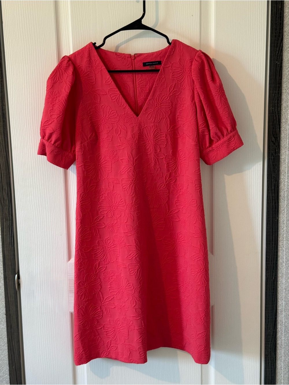 Tommy Hilfiger Hot Pink Textured V-Neck Puff Sleeve Mini Dress